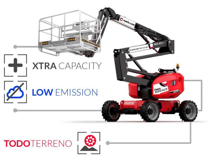 Opein | Alquiler y venta de plataforma elevadora articulada todoterreno diésel Manitou 160 atj+ stv de 16 metros 400kg en Canarias y Madrid.