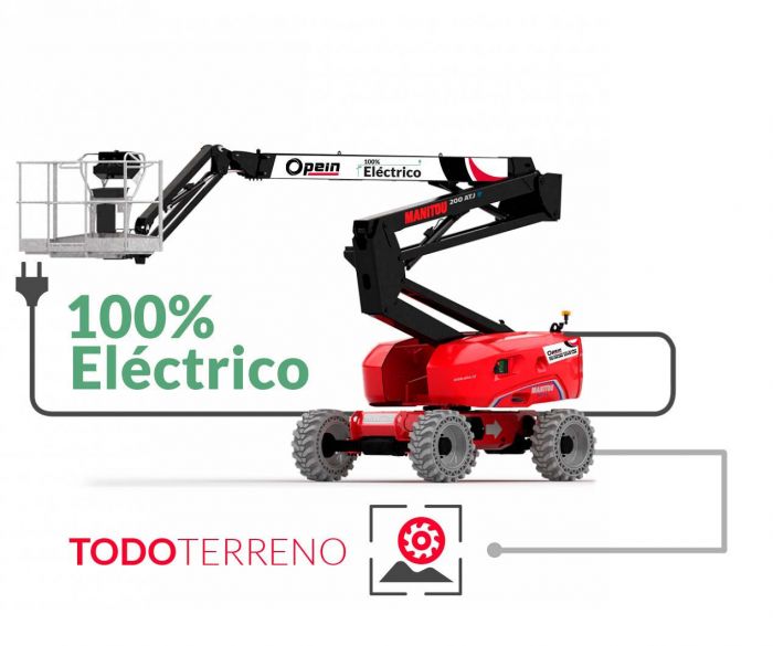 Opein | Alquiler y venta de articulada todoterreno eléctrica Manitou 200 atje de 20 metros 230kg en Madrid, Canarias y Marruecos.