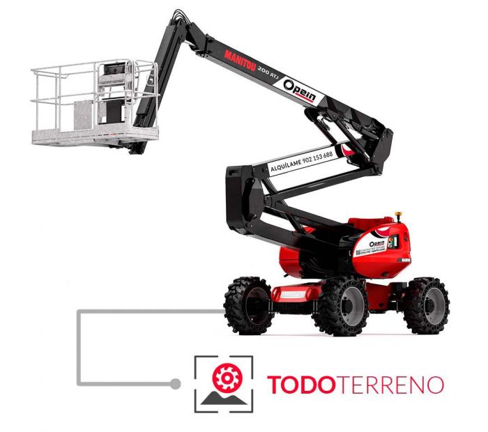 Opein | Alquiler y venta de articulada todoterreno diesel Manitou 200 atj de 20 metros 230kg en Madrid, Canarias y Marruecos.