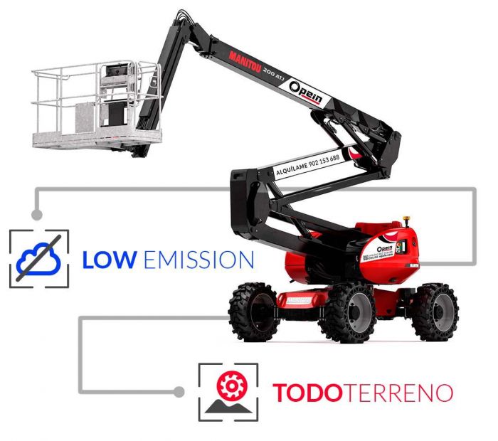 Opein | Alquiler y venta de articulada todoterreno diésel Manitou 200 atj stv de 20 metros 230kg en Madrid, Canarias y Marruecos.