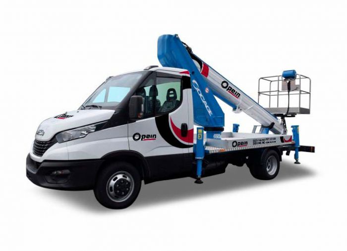 Opein | Alquiler y venta de cesta camión diésel telescópica Socage 15T 230kg 15m en Canarias, Madrid y Marruecos.