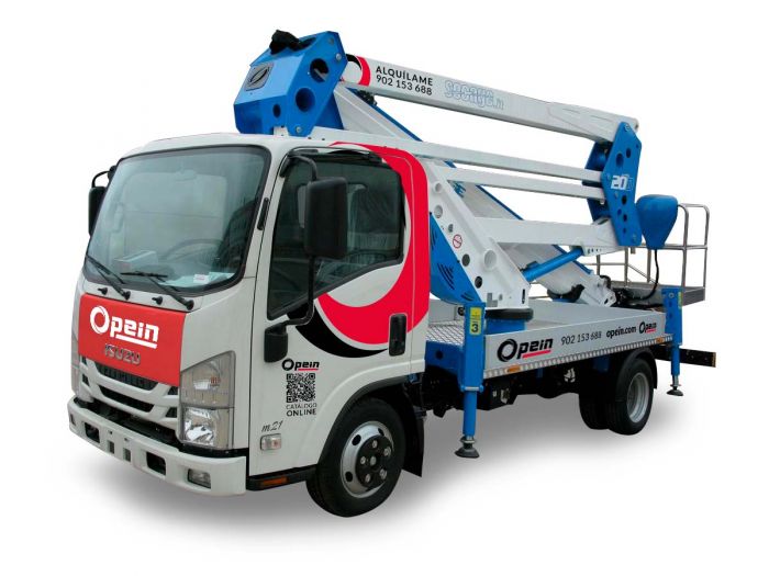 Opein | Alquiler y venta de camión cesta elevadora diésel articulada Socage 20D 20m 225kg en Canarias, Madrid y Marruecos.