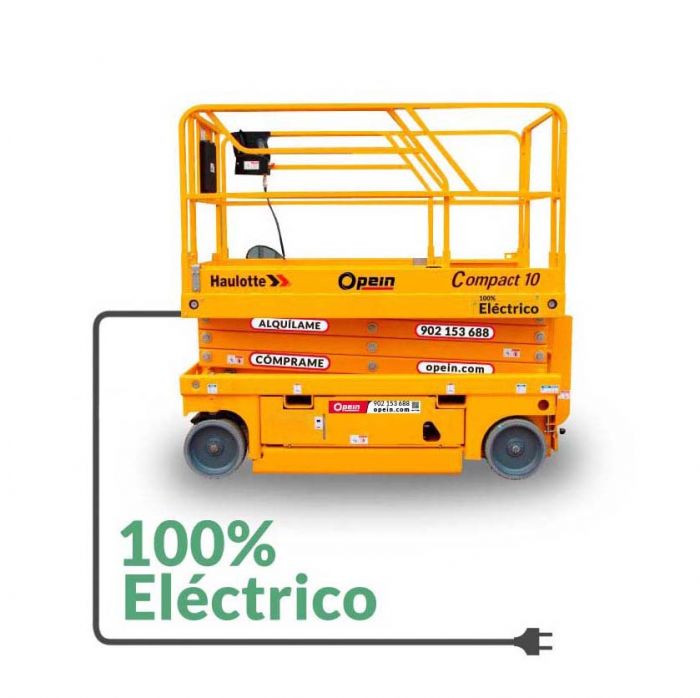 Opein | Alquiler y venta de tijera eléctrica Haulotte compact de 10 metros interior-exterior 450kg en Madrid, Canarias y Marruecos.