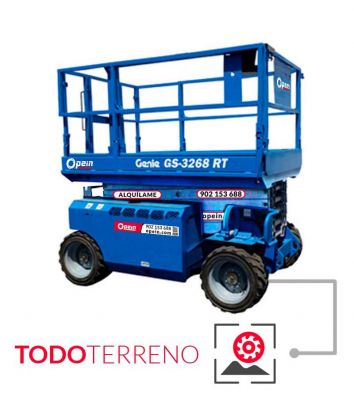 Opein | Alquiler y venta de tijera todoterreno diesel Genie gs-3369rt & gs3268rt, 12 metros 454kg en Madrid, Canarias y Marruecos.