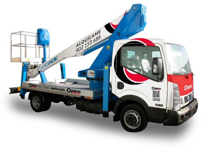 Opein | Alquiler y venta de cesta camión diésel telescópica Oil&Steel Scorpion 1490 15m 225kg en Canarias, Madrid y Marruecos.