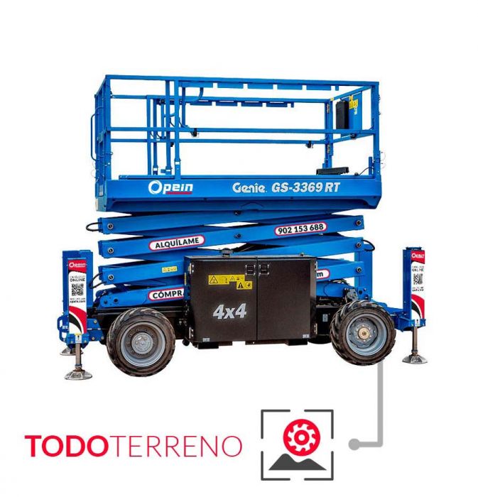 Opein | Alquiler y venta de tijera todoterreno diesel Genie gs-3369rt & gs3268rt, 12 metros 454kg en Madrid, Canarias y Marruecos.