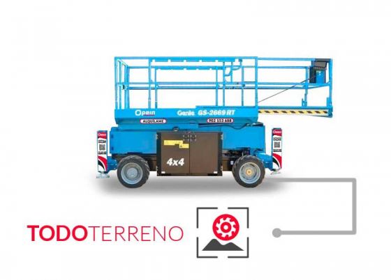 Opein | Alquiler y venta de elevador de tijera todoterreno diésel Genie gs-2.669rt de 10 metros 680kg en Madrid, Canarias y Marruecos.