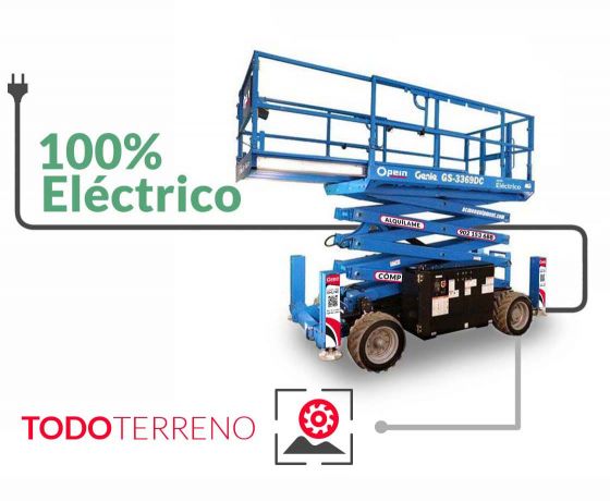 Opein | Alquiler y venta de elevador de tijera todoterreno eléctrica Genie gs3369dc de 12 metros 454kg en Madrid, Canarias y Marruecos.