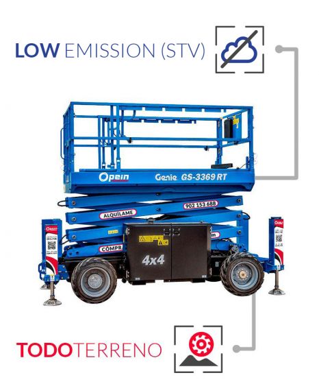 Opein | Alquiler y venta de elevador de tijera todoterreno diésel Genie GS3369/3268RT STV de 12 metros 454kg en Madrid, Canarias y Marruecos.