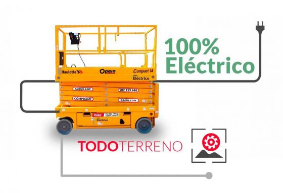 Opein | Alquiler y venta de elevador de tijera eléctrica Haulotte compact de 14 metros interior 350kg en Canarias, Madrid y Marruecos.