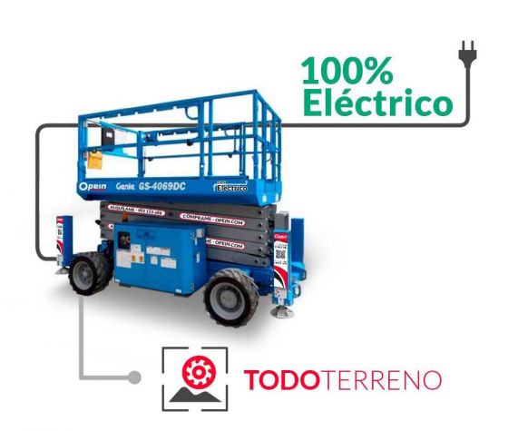 Opein | Alquiler y venta de elevador de tijera todoterreno eléctrica Genie gs-4.069 dc de 14 metros 363kg en Madrid, Canarias y Marruecos.
