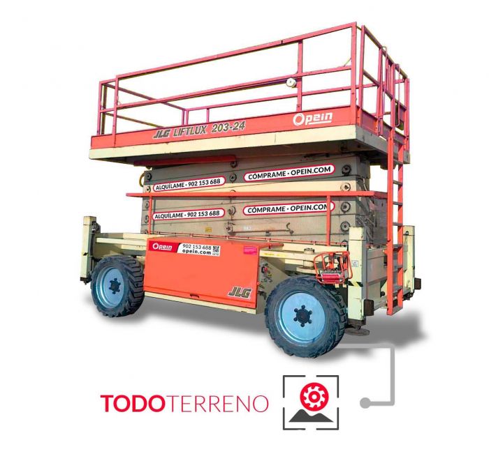 Opein | Alquiler y venta de plataforma elevadora de tijera todoterreno diésel JLG 203-24, de 22 metros 750kg en Madrid, Canarias y Marruecos.