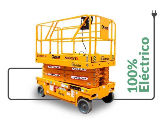 Opein | Alquiler y venta de plataforma elevadora de tijera eléctrica de 12 metros interior-exterior 300kg en Canarias, Madrid y Marruecos.