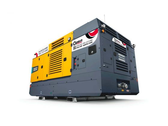 Opein | Alquiler y venta de compresor de aire diésel monofásico Atlas Copco h23 eco, 700 litros, 14 bar y remolcable en Canarias, Madrid y Marruecos.