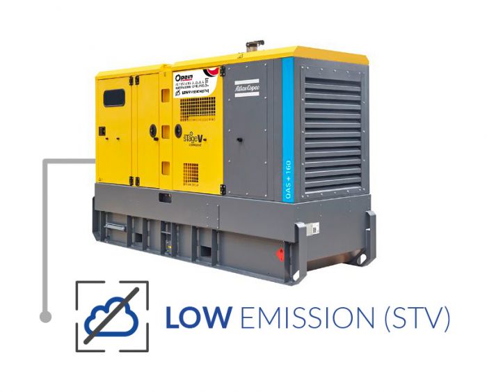 Opein | Alquiler y venta de grupo electrógeno diésel Atlas Copco Qas 160 kva, motor FPT de bajo consumo e insonorizado en Canarias, Madrid y Marruecos.
