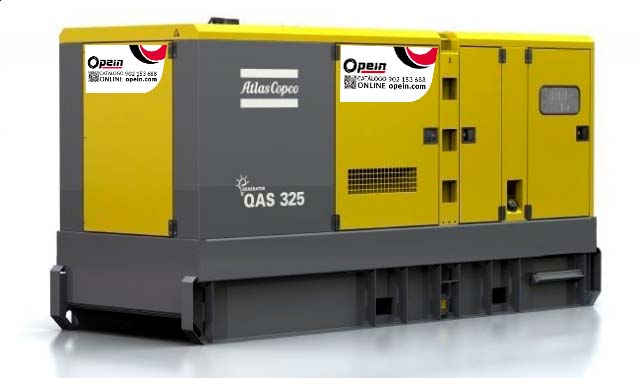 Opein | Alquiler y venta de grupo electrógeno diésel Atlas Copco Qas 325 kva, motor Volvo de bajo consumo e insonorizado en Canarias, Madrid y Marruecos.