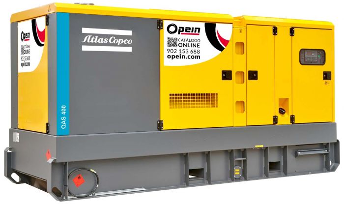 Opein | Alquiler y venta de grupo electrógeno diésel Atlas Copco Qas 400 kva, motor John Deere bajo consumo e insonorizado en Canarias y Madrid.