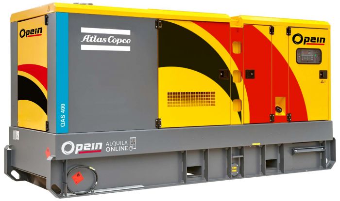 Opein | Alquiler y venta de grupo electrógeno diésel Atlas Copco Qas 400 kva, motor John Deere bajo consumo e insonorizado en Canarias y Madrid.