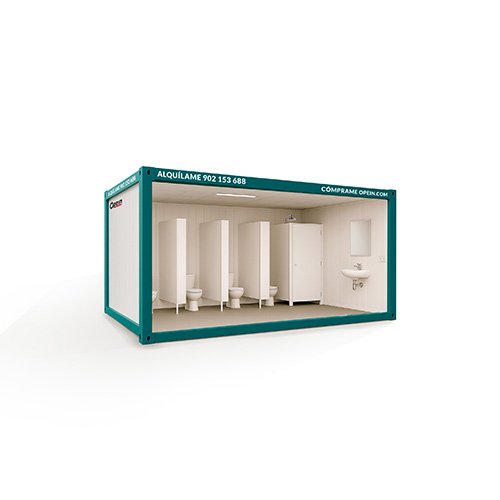 Opein | Módulo sanitario prefabricado con 6 aseos y lavamanos para obras, eventos y zonas sin acceso a baños fijos. Fabricado con materiales resistentes, ofrece higiene, comodidad y rápida instalación.