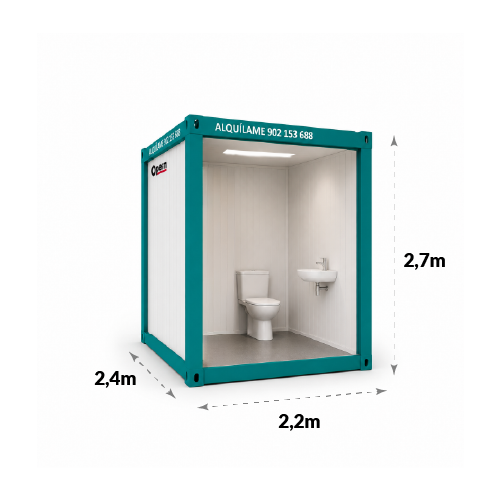 Alquila un módulo sanitario compacto de 2 m con aseos para obras, eventos e instalaciones en Madrid, Gran Canaria y Tenerife. Consulta disponibilidad.
