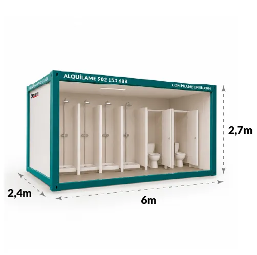 Alquila un módulo sanitario de 6 m con 4 duchas, 2 aseos y lavamanos en Madrid, Gran Canaria y Tenerife. Consulta precio y disponibilidad.resistentes, ofrece higiene, comodidad y rápida instalación.