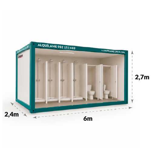 Alquila un módulo sanitario de 6 m con 4 duchas, 2 aseos y lavamanos en Madrid, Gran Canaria y Tenerife. Consulta precio y disponibilidad.resistentes, ofrece higiene, comodidad y rápida instalación.